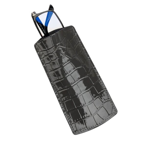 Calfskin Glasses Case – Alligator Effect, Luxury Feel Shiny Gray - Picture 1 of 3